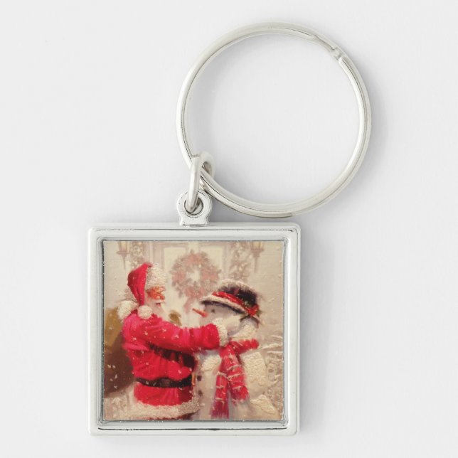 Vintage Santa Claus Snowman Winter Christmas Keychain (Front)