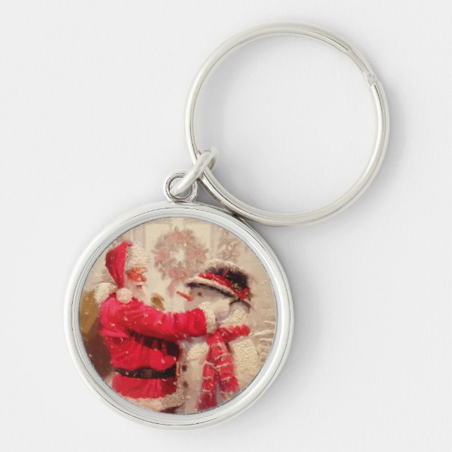 Vintage Santa Claus Snowman Winter Christmas Keychain (Front)