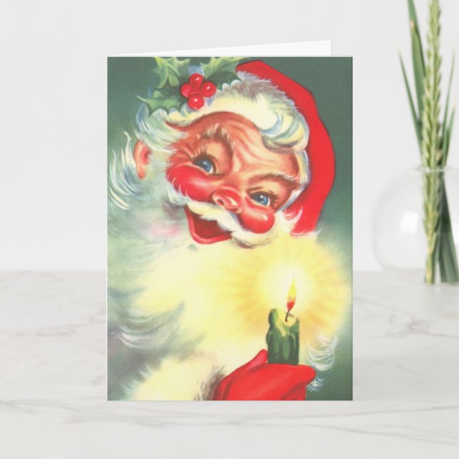 Vintage Santa Claus With Candle Holiday Card (Front)