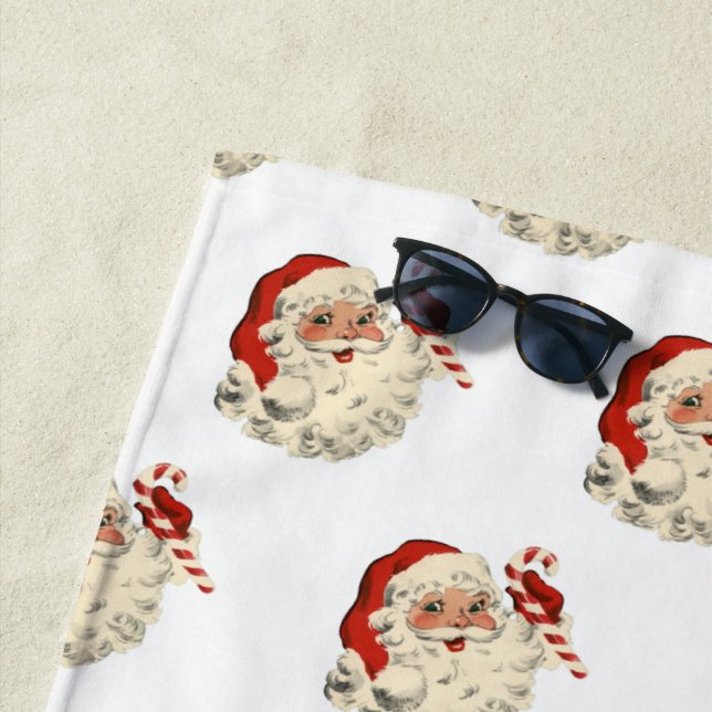 Vintage Santa Claus with Candy Cane. Beach Towel (In Situ)