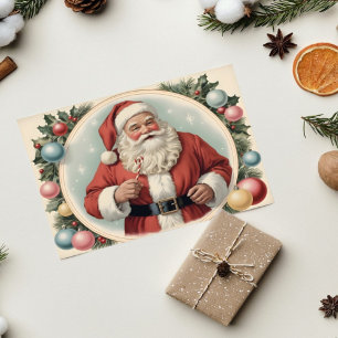 Vintage Santa Claus with Holiday Wreath Christmas Card