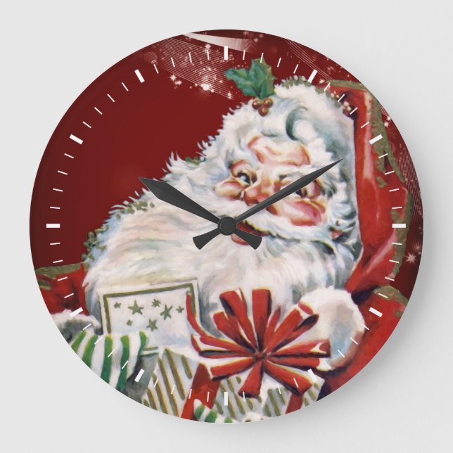 Vintage Santa Claus with many gifts Large Clock (Front)