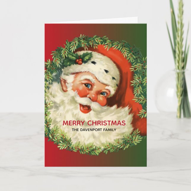Vintage Santa Claus with Pine Wreath Christmas Card (Front)