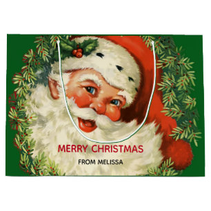 Vintage Santa Claus with Pine Wreath Christmas Large Gift Bag