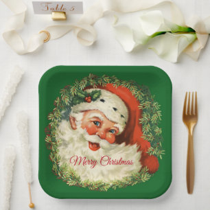 Vintage Santa Claus with Pine Wreath Christmas Paper Plate