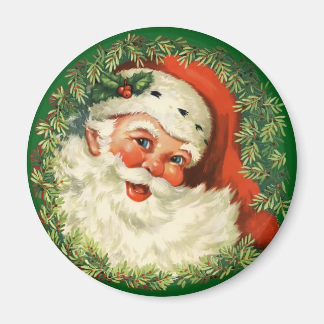  Vintage Santa Claus with Pine Wreath Magnet (Front)
