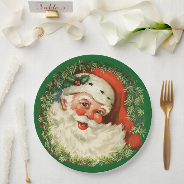 Vintage Santa Claus with Pine Wreath Paper Plate (Wedding)