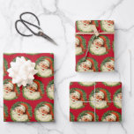 Vintage Santa Claus with Pine Wreath Pattern Wrapping Paper Sheet<br><div class="desc">Wrapping paper sheets with a retro image featuring a smiling happy Santa Claus surrounded by a pine wreath with a sprig of holly in his cap.</div>