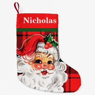 Vintage Santa Claus with Plaid Background Small Christmas Stocking