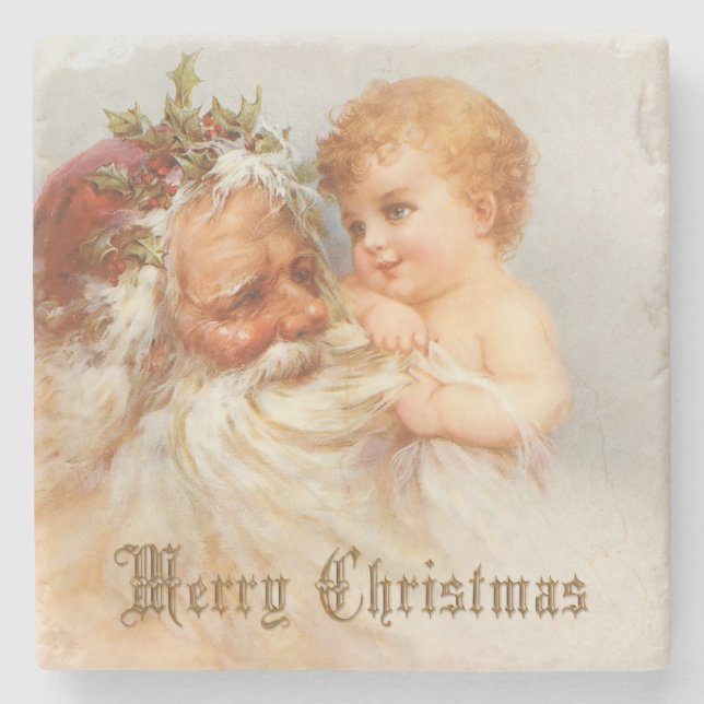 Vintage Santa Claus with Smiling Child Stone Coaster (Front)
