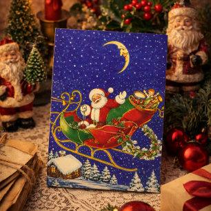 Vintage Santa Clause In Sleigh Christmas Holiday Card