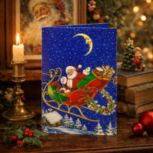 Vintage Santa Clause In Sleigh Folded Christmas Holiday Card