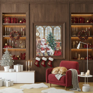 Vintage Santa Cozy Christmas Animals Backdrop Tapestry