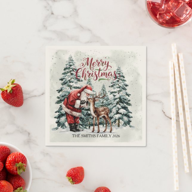 Vintage Santa & Deer Christmas Napkin (Insitu)