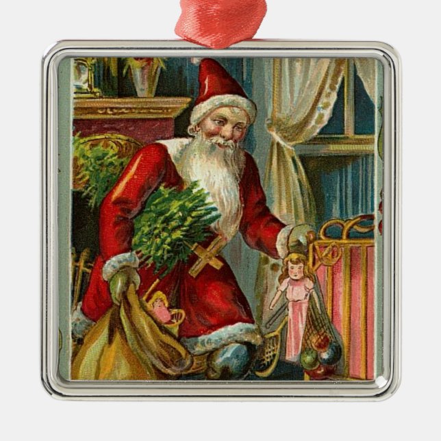 Vintage Santa Delivers Gifts Metal Ornament (Front)