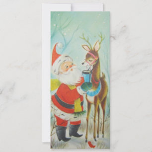 Vintage Santa Drinking Cocoa With Reindeer Holiday Card
