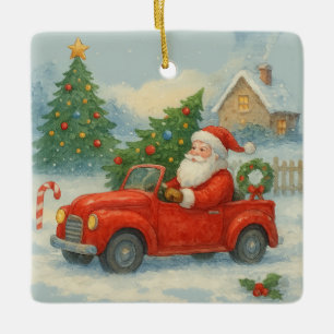 Vintage Santa Driving Red Car Watercolor Christmas Ceramic Ornament