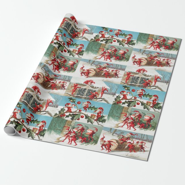 Vintage Santa Elves Christmas Illustration Pattern Wrapping Paper (Unrolled)