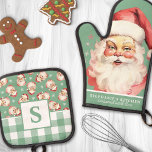 Vintage Santa Face Green Gingham Monogrammed Oven Mitt & Pot Holder Set<br><div class="desc">Add a nostalgic touch to your holiday kitchen with this charming oven mitt and pot holder set featuring a vintage Santa face and green gingham pattern. Perfect for bringing festive cheer to your culinary space, this set combines both style and functionality. Customize it with your monogram to make it uniquely...</div>