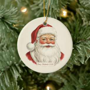 Vintage Santa Face Illustration Christmas Decor  Ceramic Ornament