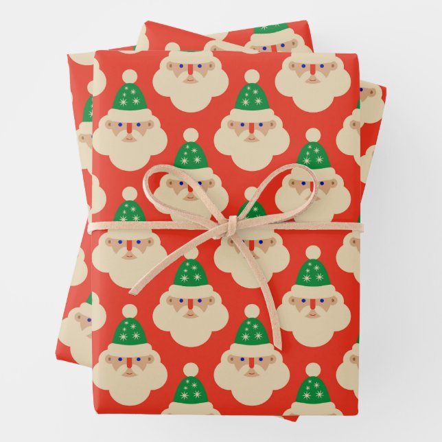 Vintage Santa Faces Red  Wrapping Paper Sheet (In situ)