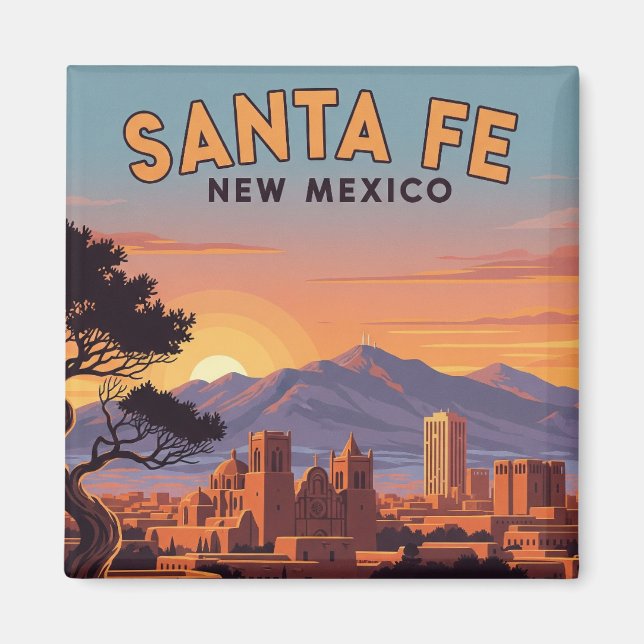 Vintage Santa Fe Skyline New Mexico Travel Magnet (Front)