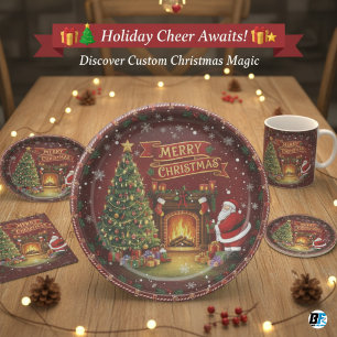 Vintage Santa & Fireplace Christmas Party Paper Plate