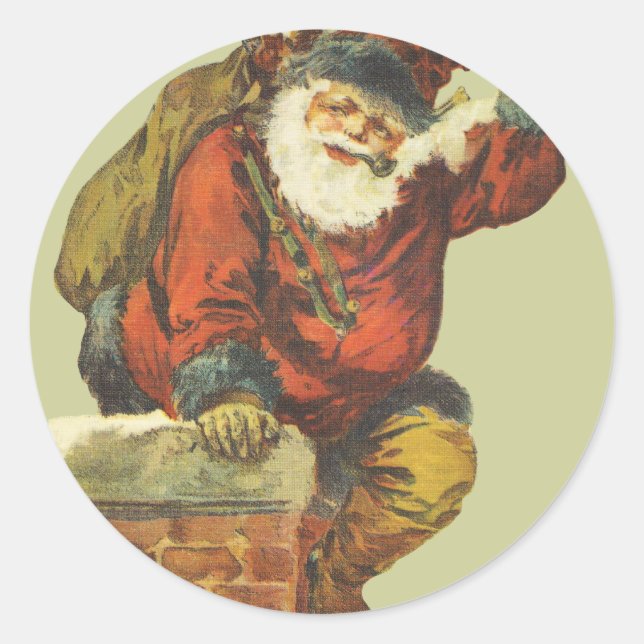 Vintage Santa Going Down Chimney Classic Round Sticker (Front)