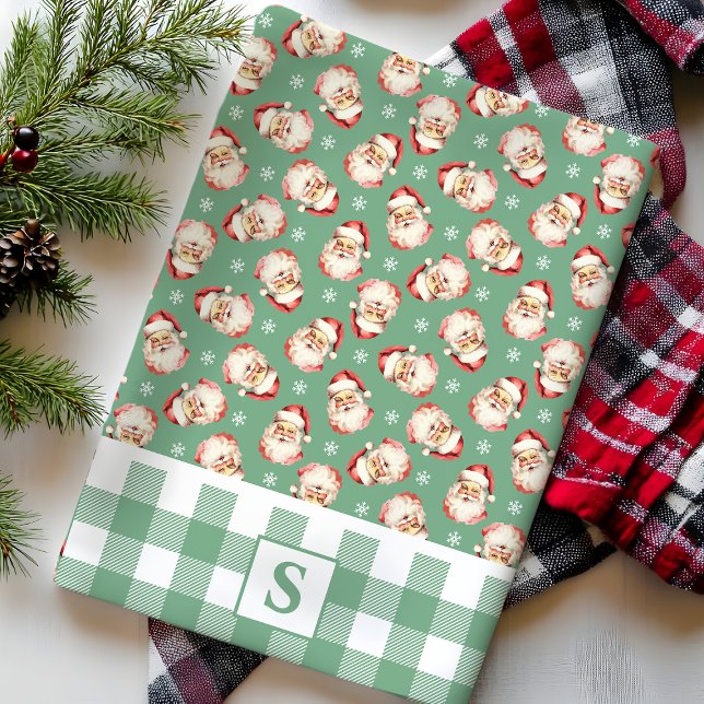 Vintage Santa Green Gingham Monogrammed Christmas Kitchen Towel (Creator Uploaded)