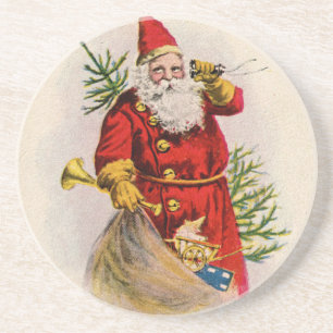 Vintage Santa Greeting Card Print Coaster