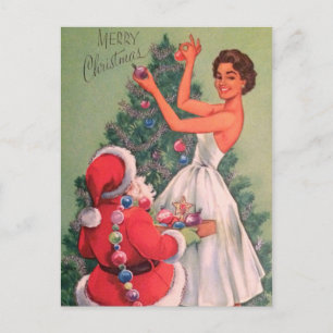 Vintage Santa Helps Woman Decorate Tree Holiday Postcard