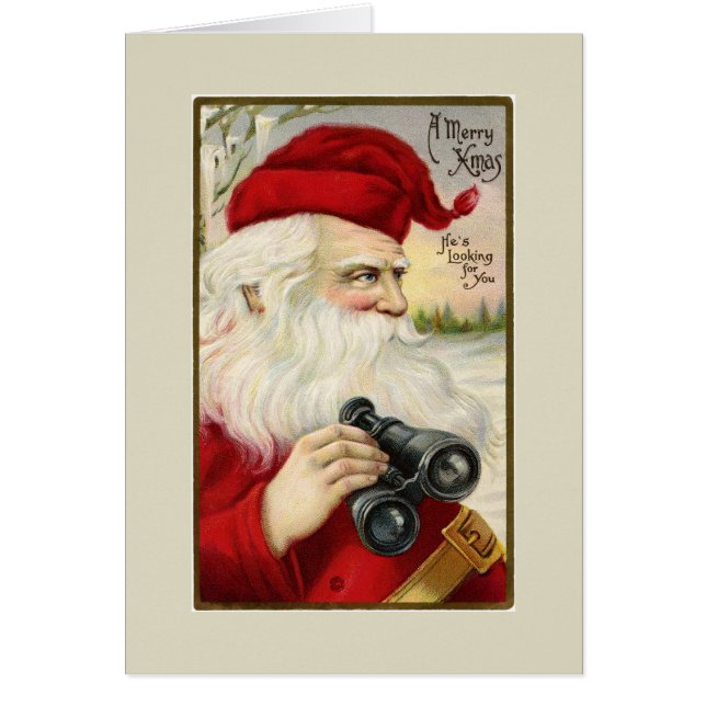 Vintage Santa Holding Binoculars Greeting Card (Front)