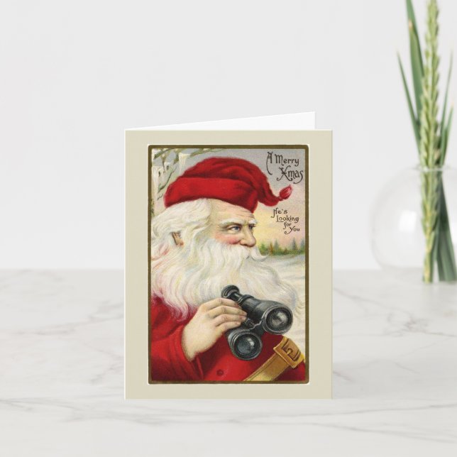 Vintage Santa Holding Binoculars Note Card (Front)