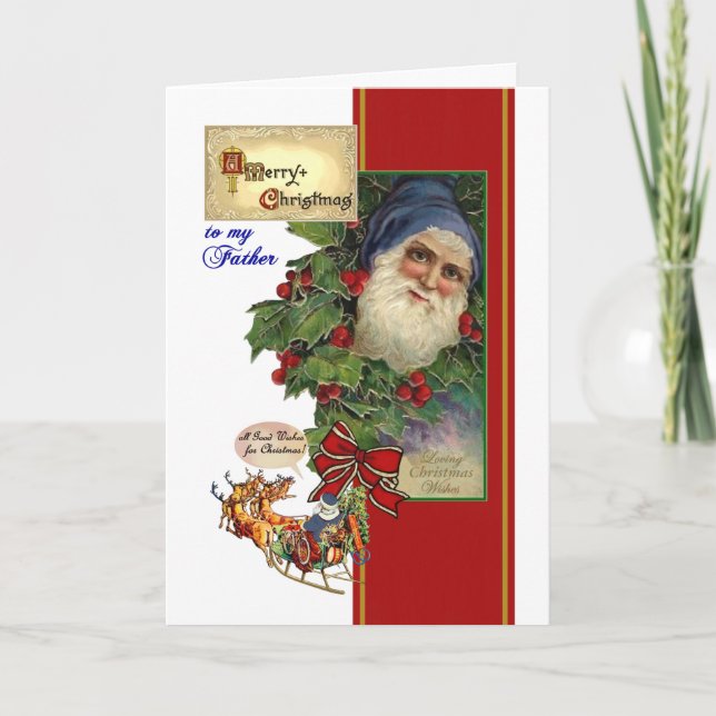 Vintage Santa, Holly Chistmas Card for Father (Front)