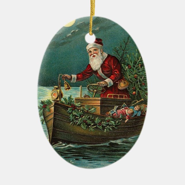 Vintage Santa in a Boat Ceramic Ornament (Front)