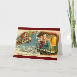 Vintage Santa In Airplane Air Balloon Holiday Card