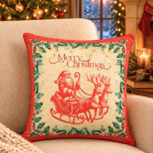 Vintage Santa in Sleigh on Red Throw Pillow