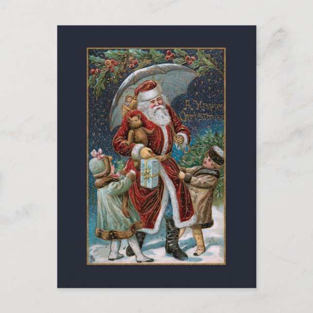 Vintage Santa in Snow with Children & Umbrella Postcard (Front)
