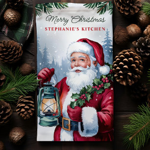 Vintage Santa Lantern Personalized Christmas Kitchen Towel
