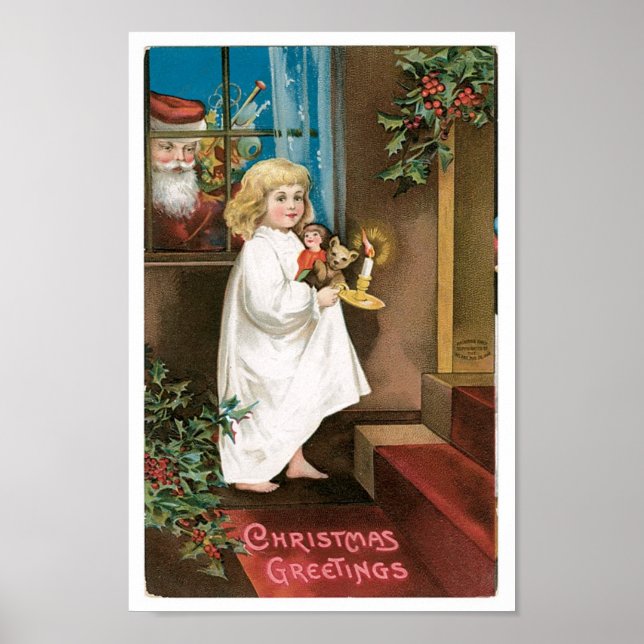 Vintage Santa looking in window at girl Poster (Front)