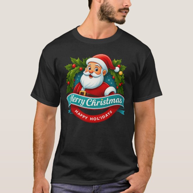 Vintage Santa Merry Christmas Emblem Tee (Front)