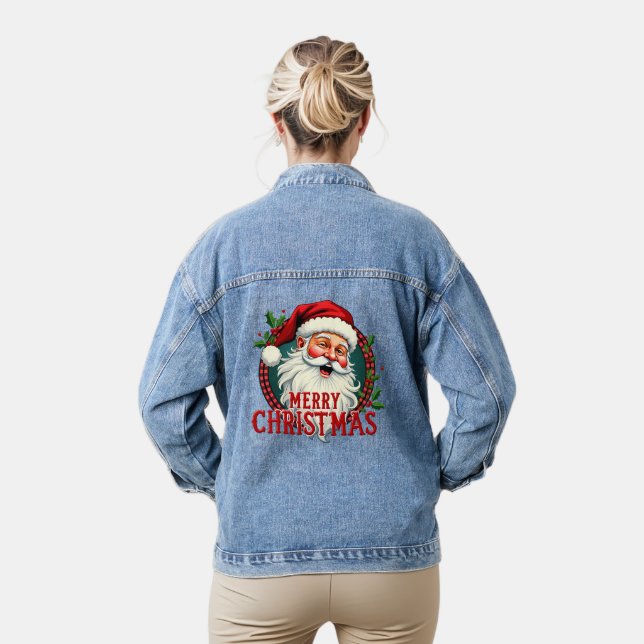 Vintage Santa Merry Christmas Illustration Denim Jacket (Model)