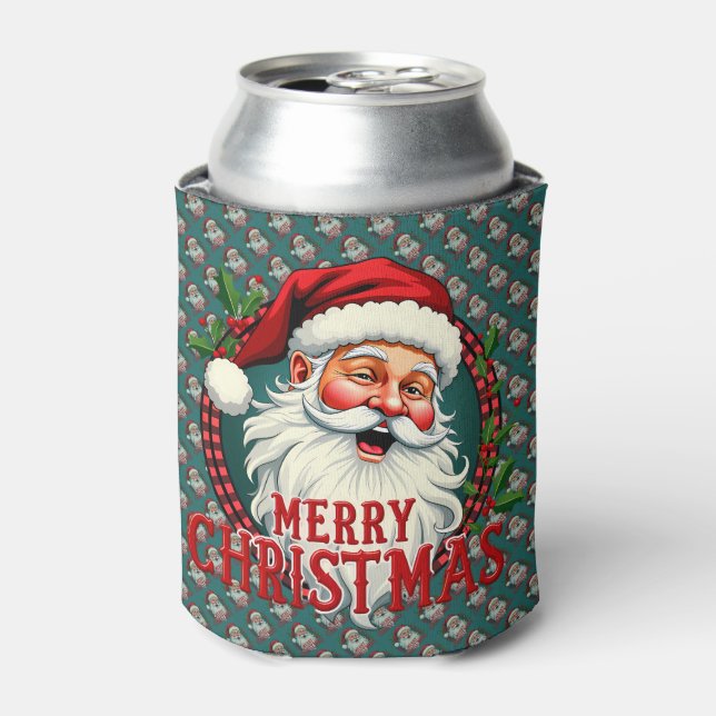 Vintage Santa Merry Christmas Illustration Patten Can Cooler (Can Front)