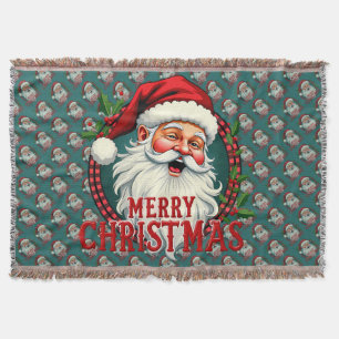 Vintage Santa Merry Christmas Illustration Patten Throw Blanket