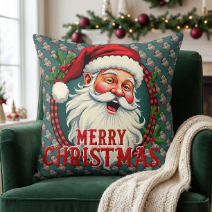 Vintage Santa Merry Christmas Illustration Patten Throw Pillow