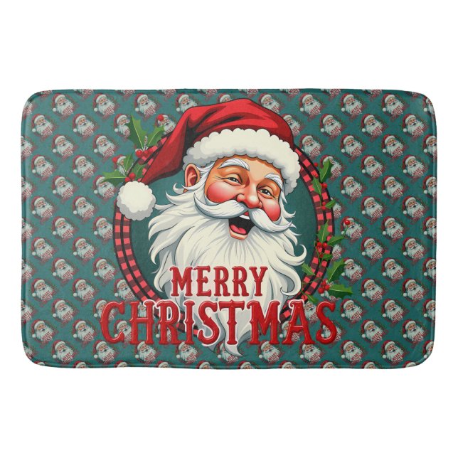 Vintage Santa Merry Christmas Illustration Pattern Bath Mat (Front)