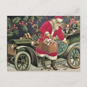 Vintage Santa & Old Car Holiday Christmas Postcard