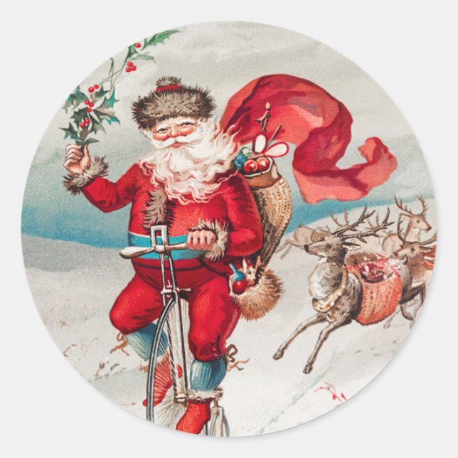 VINTAGE SANTA ON A BICYCLE Classic Round Sticker (Front)