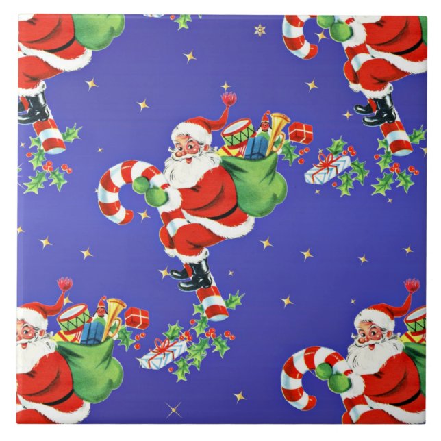 Vintage Santa on a Candy Cane Illustration Tile (Front)