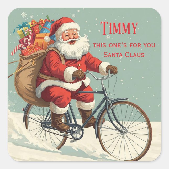 Vintage Santa on Bicycle – Personalized Christmas Square Sticker (Front)
